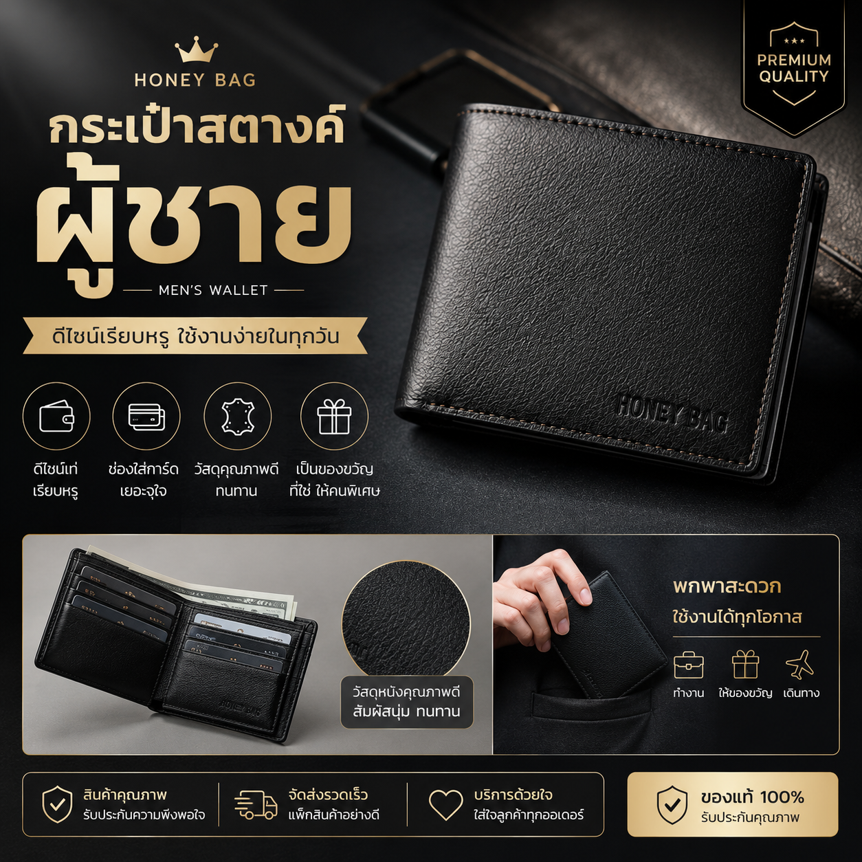 กระเป๋าสตางค์ผู้ชาย Honey Bag สีดำ