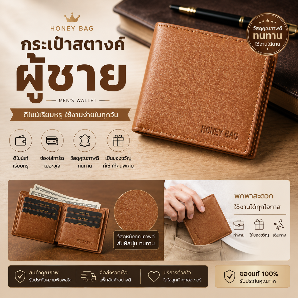 กระเป๋าสตางค์ผู้ชาย Honey Bag สีน้ำตาลอ่อน
