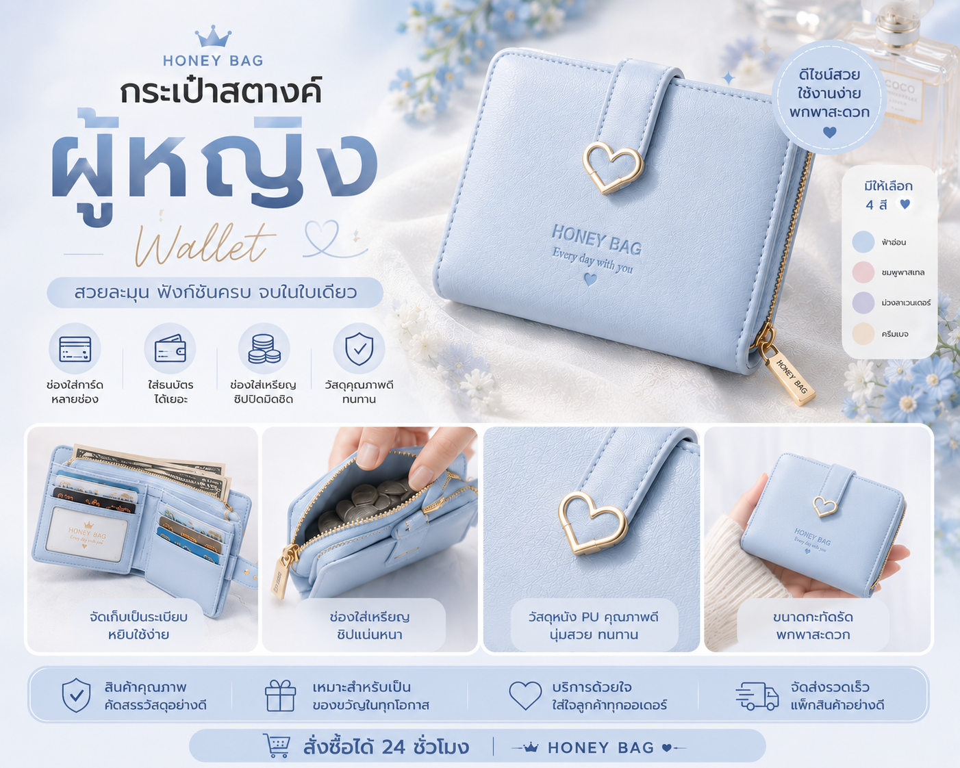 กระเป๋าสตางค์ผู้หญิง Honey Bag สีฟ้า