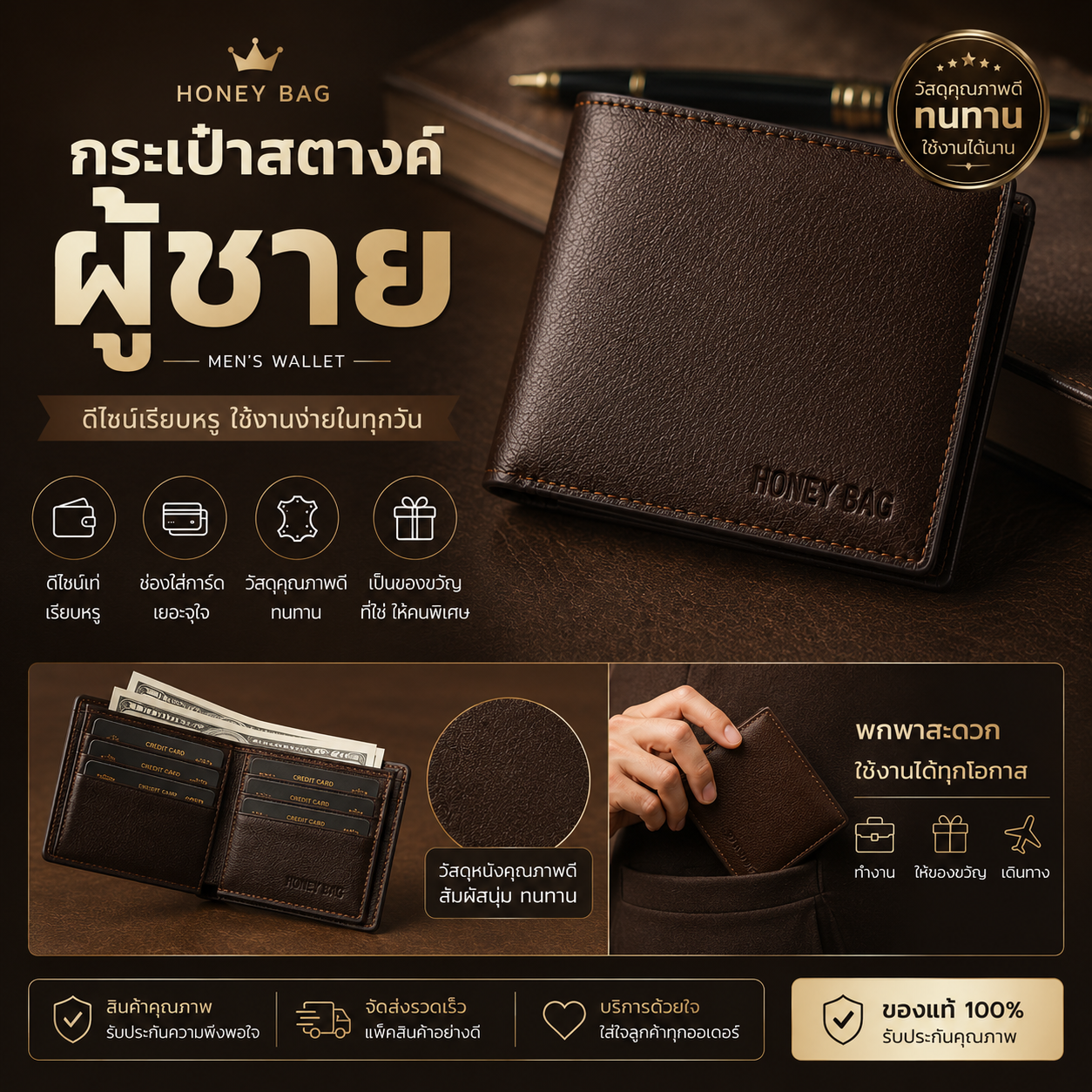 กระเป๋าสตางค์ผู้ชาย Honey Bag สีน้ำตาลเข้ม